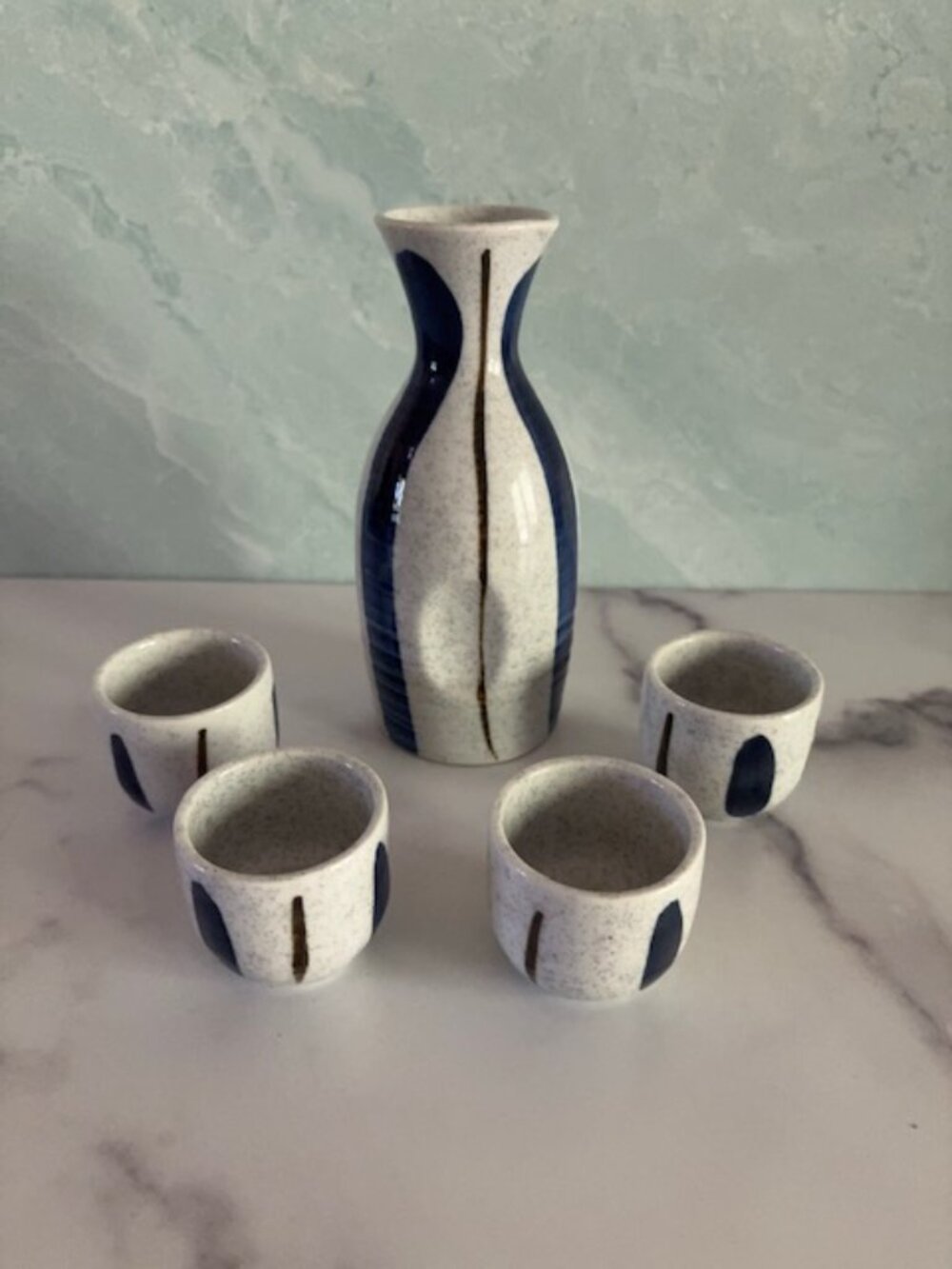 Vintage but Unused Japanese SAKE SET Blue and White Ceramic, 5 pieces